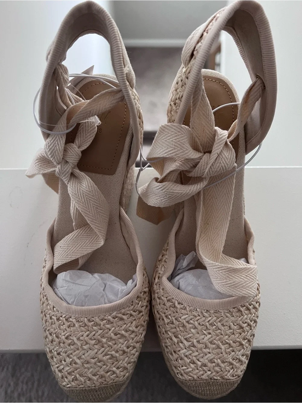 Cream Espadrille Wedge Sandals with Ankle Tie